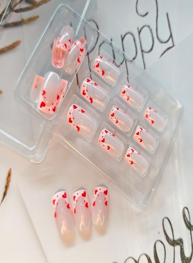 OSTTMA 24Pcs Valentines Press on Nails Short Square Fake Nails with Heart Designs French Tip Acrylic False Nails Full Cover Love Hearts Nails Tips Glue on Nails Valentine Nail Art Decorations for Women Girls - Image 2